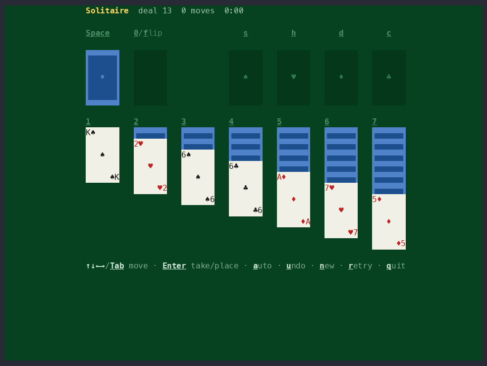 Klondike solitaire rendered by TermDOM